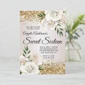 Glitter White Floral Glam Sweet Sixteen Kaart (Staand voorkant)