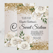Glitter White Floral Glam Sweet Sixteen Kaart (Voorkant / Achterkant)