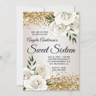 Glitter White Floral Glam Sweet Sixteen Kaart