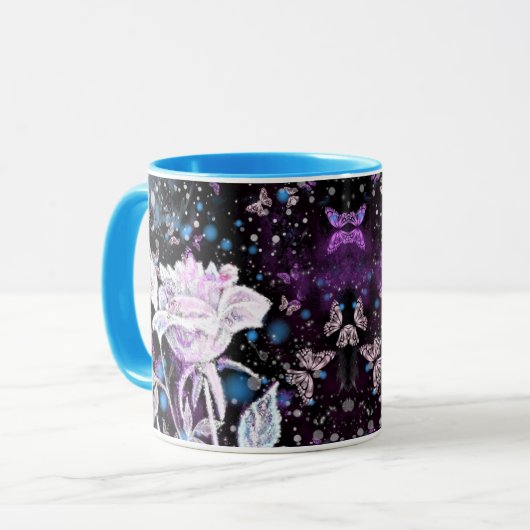 Glitter White Rose en Butterflies Coffee Mok (Voorkant links)