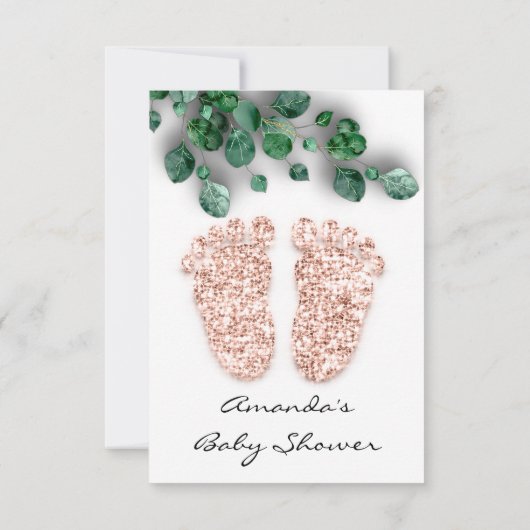 Glitter White Rose Green Baby shower Feet Kaart (Achterkant)