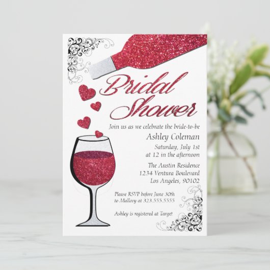 Glitter Wijn Bruids Douche Uitnodiging (Staand voorkant)