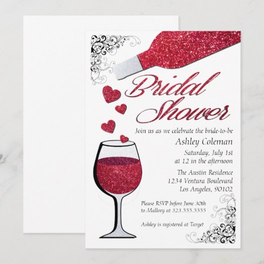 Glitter Wijn Bruids Douche Uitnodiging (Voorkant / Achterkant)