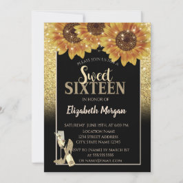 Glitter, Wijn, Glass, Zonnebloemen Sweet 16 Party Kaart