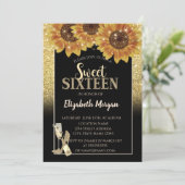 Glitter, Wijn, Glass, Zonnebloemen Sweet 16 Party Kaart (Staand voorkant)