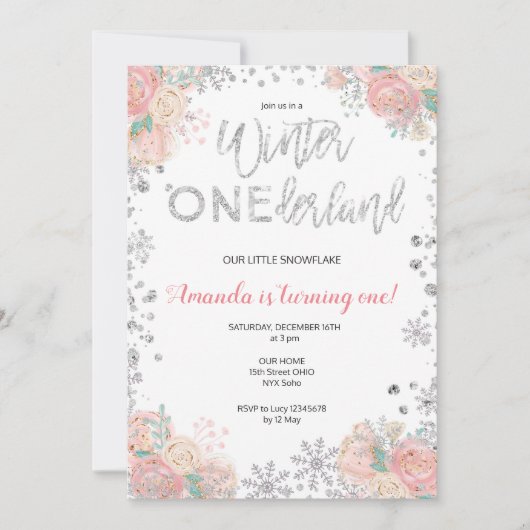 Glitter Winter ONEderland Sneeuw Verjaardag Uitnod Kaart (Voorkant)