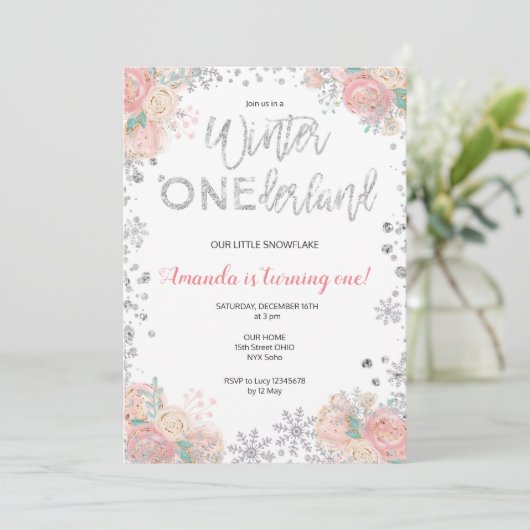 Glitter Winter ONEderland Sneeuw Verjaardag Uitnod Kaart (Staand voorkant)