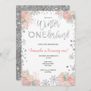 Glitter Winter ONEderland Snow Birthday Invite Kaart