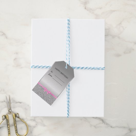 Glitter wit en grijs verjaardag cadeaulabel (Met Touw)