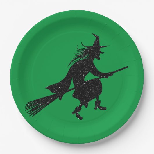 Glitter Witch Silhouette Halloween Papieren Bordje (Voorkant)