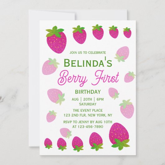 Glitter Y2K aardbeienbes Eerste 1e verjaardag Kaart (Voorkant)