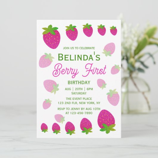 Glitter Y2K aardbeienbes Eerste 1e verjaardag Kaart (Staand voorkant)