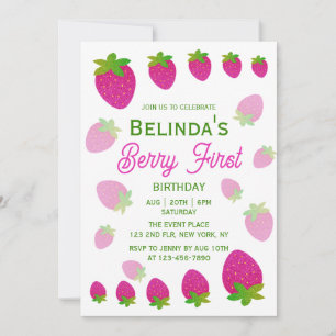 Glitter Y2K aardbeienbes Eerste 1e verjaardag Kaart