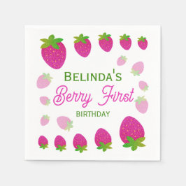 Glitter Y2K aardbeienbes Eerste 1e verjaardag Servet