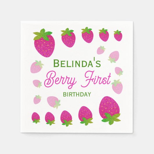 Glitter Y2K aardbeienbes Eerste 1e verjaardag Servet (Voorkant)