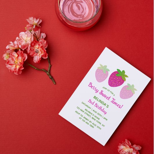 Glitter Y2K roze aardbei 2e verjaardag Kaart