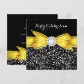 Glitter Yellow Bow Black Diamond Luxpartij Kaart (Voorkant / Achterkant)