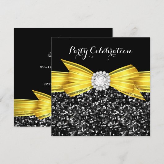 Glitter Yellow Bow Black Diamond Luxpartij Kaart (Voorkant / Achterkant)