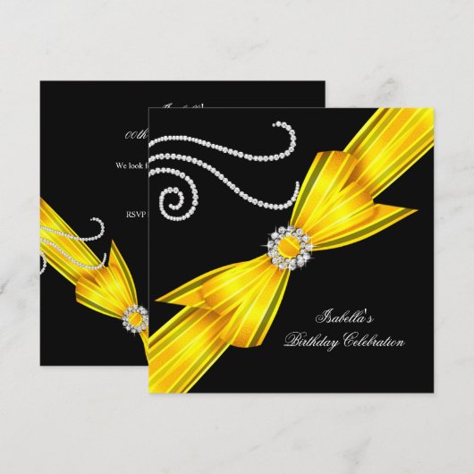 Glitter Yellow Diamond Bow Black Birthday Party Kaart (Voorkant / Achterkant)