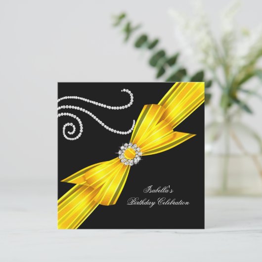 Glitter Yellow Diamond Bow Black Birthday Party Kaart (Staand voorkant)