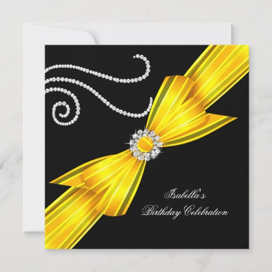 Glitter Yellow Diamond Bow Black Birthday Party Kaart (Voorkant)