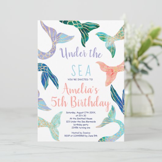 Glitter zeemeermin goud glitter pastel 5e verjaard kaart (Staand voorkant)