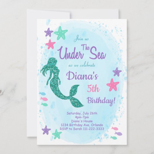Glitter Zeemeermin Onder het Zee Verjaardagsuitnod Kaart (Voorkant)