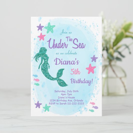 Glitter Zeemeermin Onder het Zee Verjaardagsuitnod Kaart (Staand voorkant)