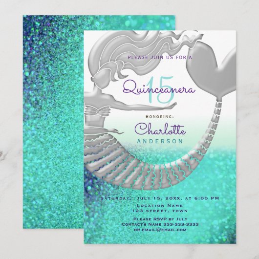 Glitter Zeemeermin Quinceanera Verjaardag Kaart (Voorkant / Achterkant)