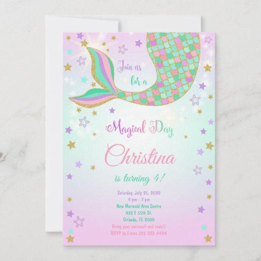 Glitter Zeemeermin Staart Verjaardag Uitnodiging (Voorkant)