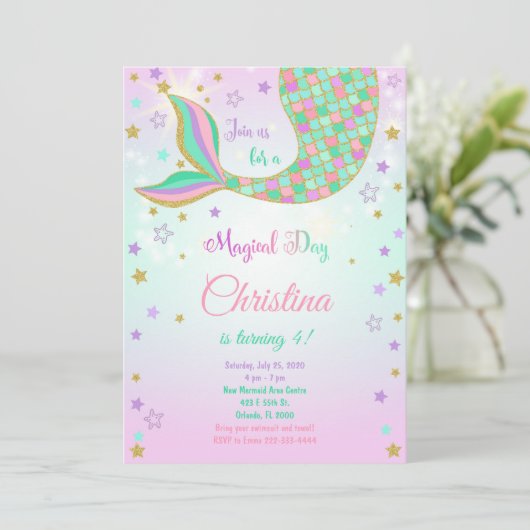 Glitter Zeemeermin Staart Verjaardag Uitnodiging (Staand voorkant)