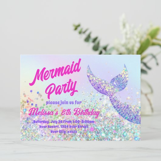 Glitter zeemeermin Verjaardagsuitnodiging Kaart (Staand voorkant)