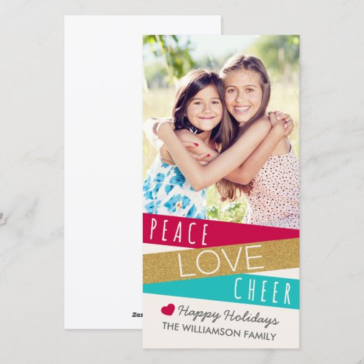 Glitter Zig Zag Peace Love Cheer Foto Feestdagenkaart (Voorkant / Achterkant)