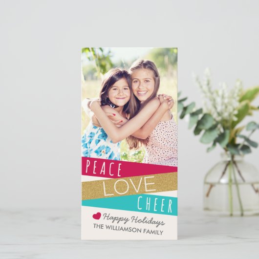 Glitter Zig Zag Peace Love Cheer Foto Feestdagenkaart (Staand voorkant)
