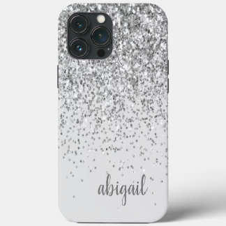 Glitter Zilver Elegante Moderne Monogram Naam iPhone 13 Pro Max Hoesje