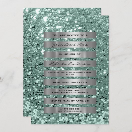 Glitter Zilver Grijs Strepen Mint Groen Pastel Kaart (Voorkant / Achterkant)