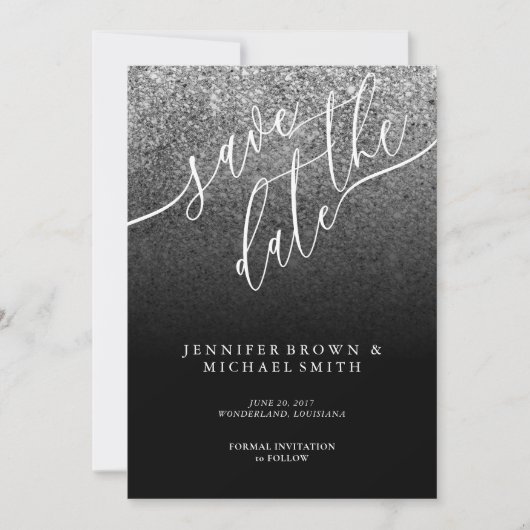 Glitter Zilver Modern Huwelijk Bewaar de DATUM Save The Date (Voorkant)