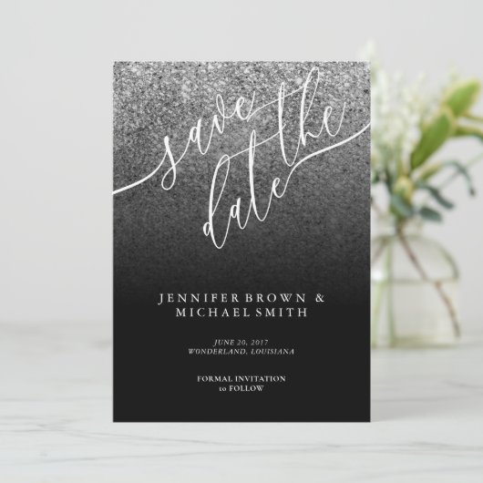 Glitter Zilver Moderne Bruiloft Save the DATE (Staand voorkant)
