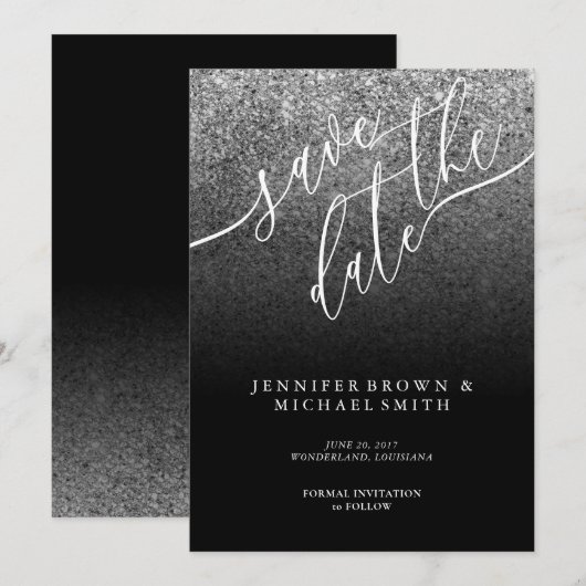 Glitter Zilver Moderne Bruiloft Save the DATE (Voorkant / Achterkant)