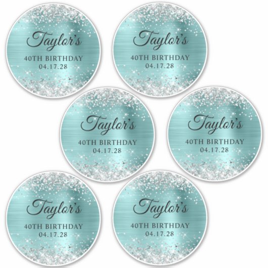 Glitter Zilver & Turquoise 40e Verjaardag 5" Cirke Sticker (Voorkant)