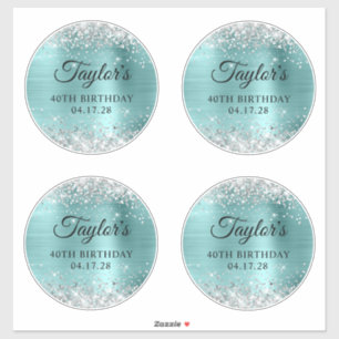 Glitter Zilver & Turquoise 40e Verjaardag 6" Cirke Sticker