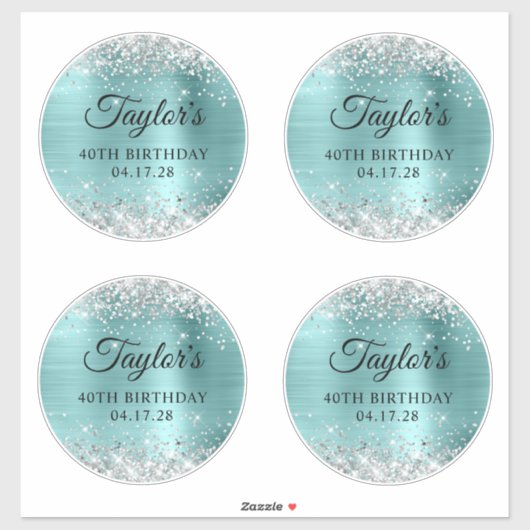 Glitter Zilver & Turquoise 40e Verjaardag 6" Cirke Sticker (Vel)