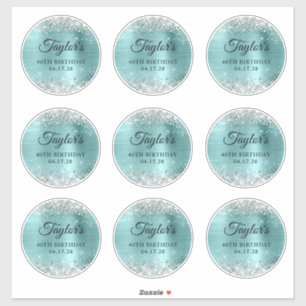Glitter Zilver & Turquoise 40e Verjaardag Cirkel Sticker