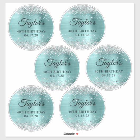 Glitter Zilver & Turquoise 40ste Verjaardag 5" Cir Sticker (Vel)