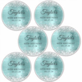 Glitter Zilver & Turquoise 40ste Verjaardag 5" Cir Sticker (Voorkant)