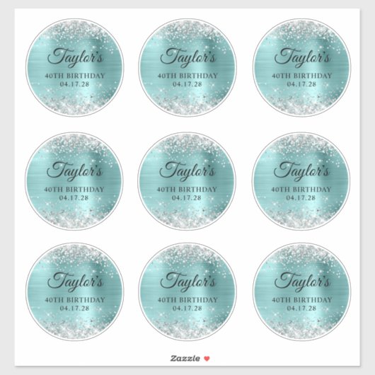 Glitter Zilver & Turquoise 40ste Verjaardagskring Sticker (Vel)