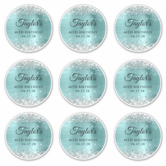 Glitter Zilver & Turquoise 40ste Verjaardagskring Sticker (Voorkant)