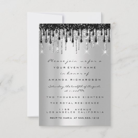 Glitter Zilver Zwart Drip Bruids Sweet 16de  Kaart (Voorkant)