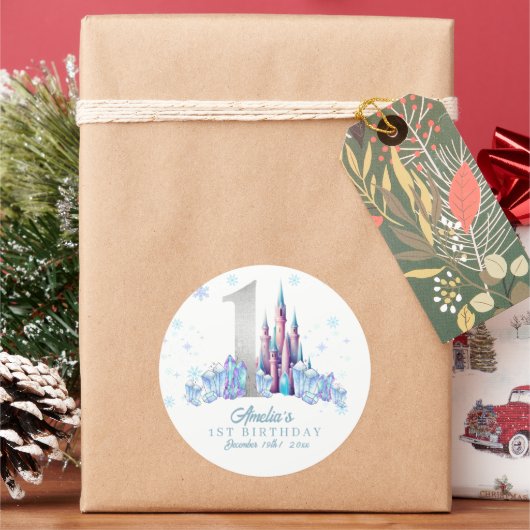 Glitter Zilveren Bevroren Koninkrijk Kasteel 1e Ve Ronde Sticker (Feestdagen)