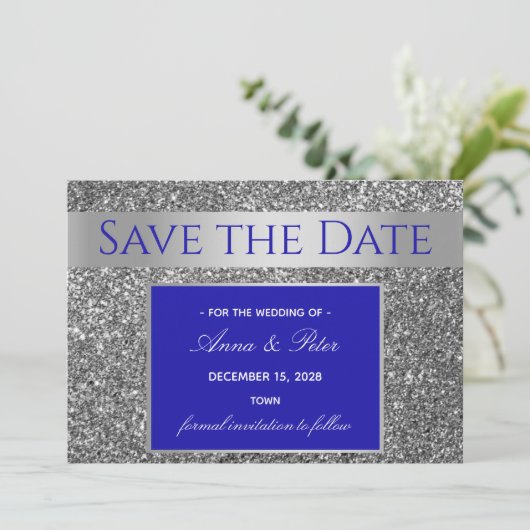Glitter Zilveren Bruiloft Save The Date (Staand voorkant)